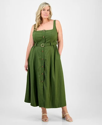 Taylor Plus Square-Neck Belted Button-Front Dress