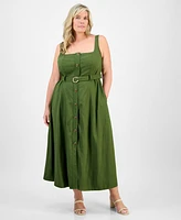 Taylor Plus Square-Neck Belted Button-Front Dress