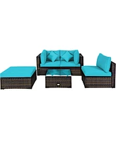 Gymax 5PCS Rattan Patio Conversation Set Outdoor Furniture Set w/ Ottoman Turquoise Cushion