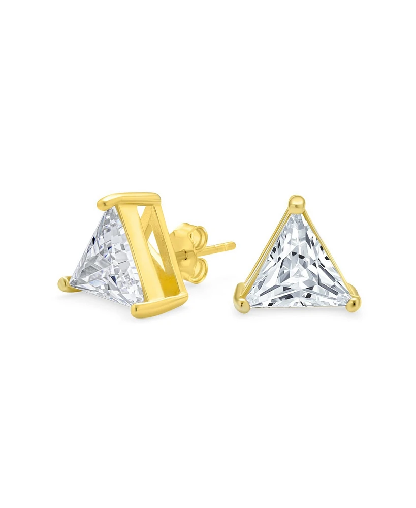 Bling Jewelry Triangle Shape Cubic Zirconia Cz Trillion Cut Stud Earrings Yellow Gold Plated .925 Sterling Silver 3 Prong Set