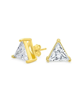 Bling Jewelry Triangle Shape Cubic Zirconia Cz Trillion Cut Stud Earrings Yellow Gold Plated .925 Sterling Silver 3 Prong Set