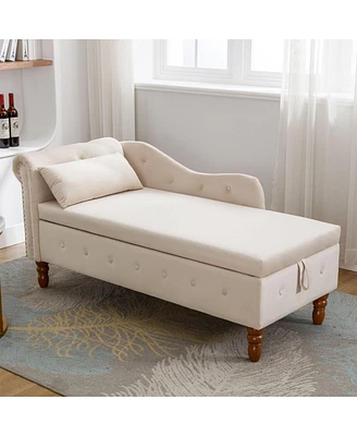 Velvet Upholstered Chaise Lounge with Storage and Pillow Rolled Arm Tufted Chair Nailhead Trim for Living Room Bedroom or Office-The Pop H