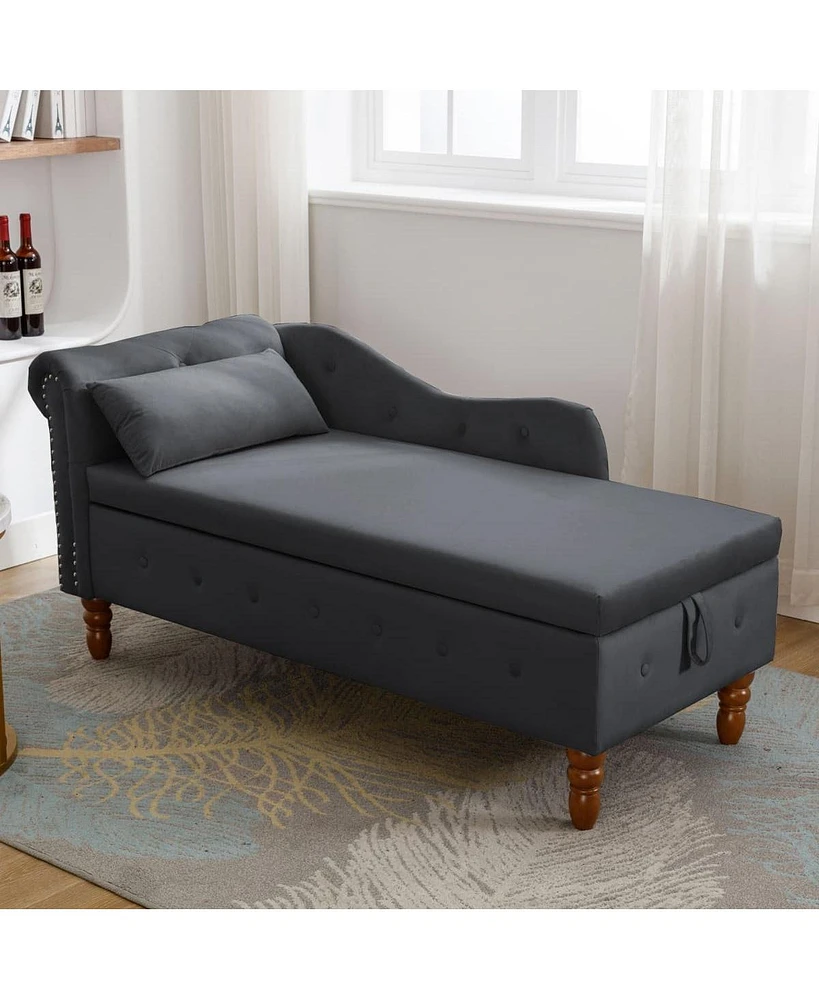 Velvet Upholstered Chaise Lounge with Storage and Pillow Rolled Arm Tufted Chair Nailhead Trim for Living Room Bedroom or Office-The Pop H