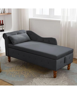 Velvet Upholstered Chaise Lounge with Storage and Pillow Rolled Arm Tufted Chair Nailhead Trim for Living Room Bedroom or Office-The Pop H