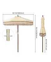 LAGarden Boho 7' Fringe Patio Umbrella with Tassels UPF50+ Boho Style 5-Year-Non-Fading for Outdoor Yard Butter Twisted Root