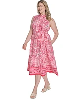 Jessica Howard Plus Printed Tie-Waist Sleeveless Midi Dress