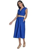 Jessica Howard Petite Cotton V-Neck Belted Midi Dress