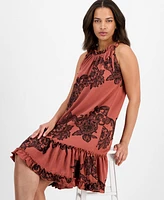 Robbie Bee Petite Printed Ruffle-Neck Shift Dress
