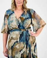 Connected Plus Printed Tie-Waist Ruffle-Hem Dress