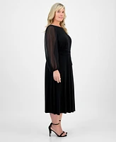 Connected Plus Shirred-Waist Sheer-Sleeve Midi Dress
