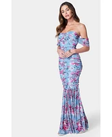 Bebe Women's Off Shoulder Ruched Mesh Gown