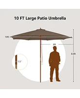 Gymax 10FT Wooden Market Table Umbrella Pulley Sunshade Canopy w/8 Bamboo Ribs