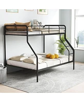 Twin over Full Metal Bunk Bed with Inclined Ladder Safety Guardrail, Slat Support