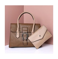 Women's Leather Brown Luster Tote Bag Set