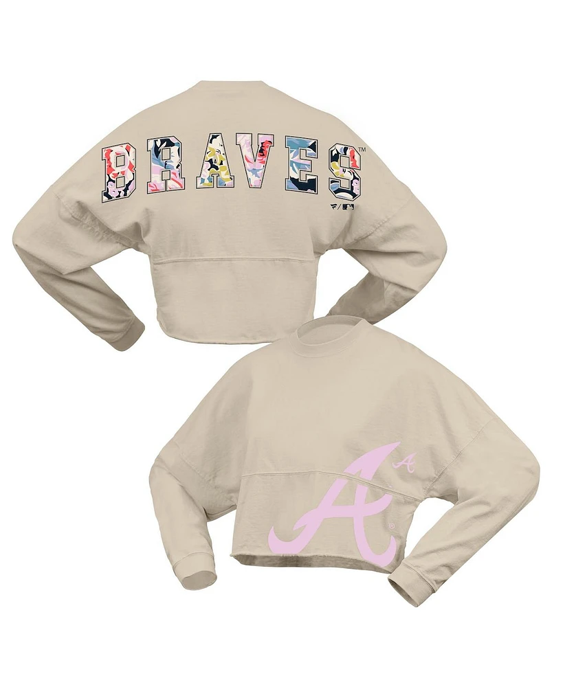 Fanatics Women's Cream Atlanta Braves Floral Preppy Cropped Long Sleeve T-Shirt