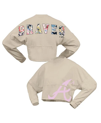 Fanatics Women's Cream Atlanta Braves Floral Preppy Cropped Long Sleeve T-Shirt
