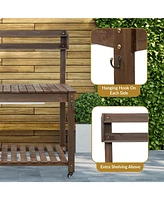 Wheeled Garden Potting Bench with Sink - Outdoor Potting Table - Garden Table with Planting Station and Hooks - Brown