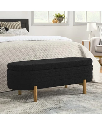 Oval Upholstered Storage Ottoman Bench with Rubber Wood Legs and Hidden Compartment for Bedroom Living Room or Entryway Seating Decor-The Pop Home