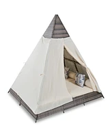 90.5" Length Outdoor Sunbed With Colorful Pillows, Wicker Patio Daybed With Cushions, Tent Shape, Brown and Beige