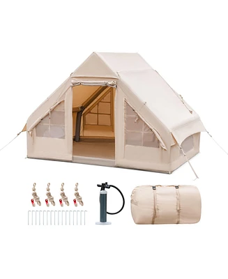 Inflatable Camping Tent with Pump, 4-6 People Outdoor Blow Up Cabin Tent with 7 Mesh Windows, 2 Doors, 4-Season Glamping Inflatable Cotton House Tent