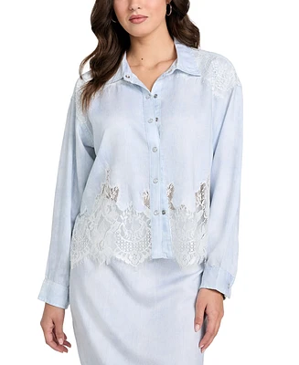 Guess Women's Evie Lace-Trim Chambray Shirt