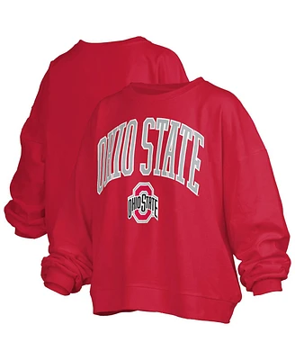 Pressbox Women's Scarlet Ohio State Buckeyes Janise Arch Over Logo Waist Length Oversized Pullover Sweatshirt