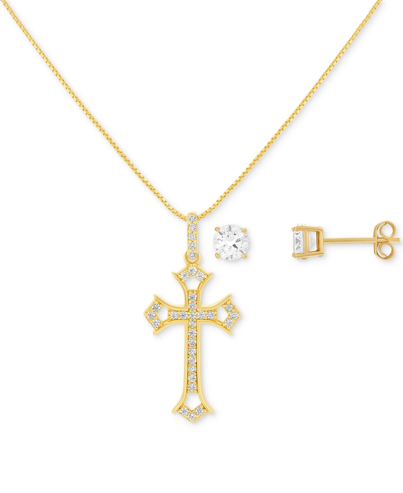 Giani Bernini 2-Pc. Set Cubic Zirconia Cross Pendant Necklace & Solitaire Stud Earrings in 18k Gold-Plated Sterling Silver, Exclusively at Macy's