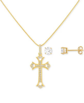 Giani Bernini 2-Pc. Set Cubic Zirconia Cross Pendant Necklace & Solitaire Stud Earrings in 18k Gold-Plated Sterling Silver, Exclusively at Macy's