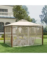 Outdoor Patio Gazebo with Netting and 2-Tier Canopy Roof