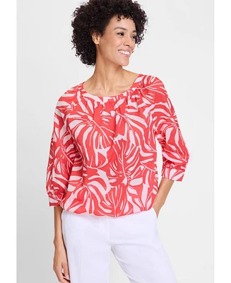 Olsen Women's Boat Neck Palm Statement Blouse