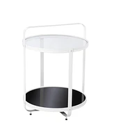27" White Glass And Iron Round End Table With Shelf