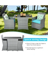 Gymax 3PCS Outdoor Rattan Conversation Set Patio Dining Table Set w/ Turquoise Cushions