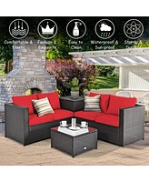 Gymax 8PCS Cushioned Rattan Patio Conversation Set w/ Side Table Red Cushion