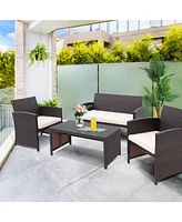 Gymax 8PCS Patio Conversation Set Outdoor Rattan Furniture Set w/ White Cushions