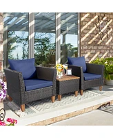 Gymax 3PCS Patio Furniture Set Conversation Bistro Set w/ Acacia Wood & Cushions Navy
