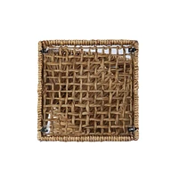 Square End Table with Rattan Swirl Design and Glass Top for Indoor Spaces