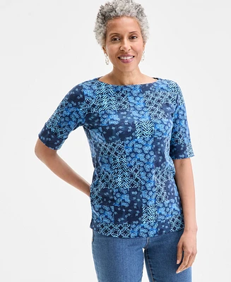 Style & Co Women's Printed Boat-Neck Elbow-Sleeve Top, Exclusively at Macy's