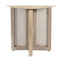 22-Inch Round End Table Natural Solid Wood Top with Rattan Base for Farmhouse Decor