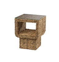 Square End Table with Glass Top and Rattan Wicker Base for Indoor Use