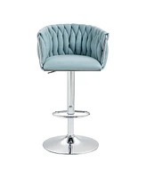 Set of 2 Adjustable Swivel Bar Stools with Woven Fabric Back and Footrest Modern Upholstered Counter Height Chairs for Kitchen Island or Area-The