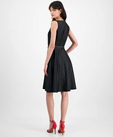 Tahari Asl Women's Belted Denim Sleeveless Fit & Flare Dress