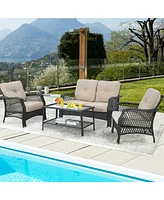 Gymax 4PCS Cushioned Patio Conversation Set Outdoor Rattan Furniture Set