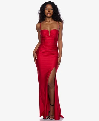 B Darlin Juniors' Notch-Neck Ruched Slit-Front Gown