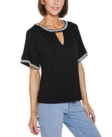 Belldini Women's Crochet Trim Short Sleeve Knit Top