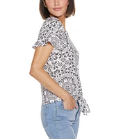 Belldini Women's Printed Eyelet Tie Front Knit Top