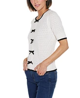 Belldini Women's Bow Detail Pointelle Short Sleeve Sweater