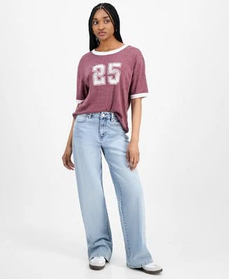 Juniors Hippie Rose Ringer Varsity T Shirt Celebrity Pink Baggy Jeans