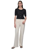Dkny Jeans Women's Crewneck Short-Sleeve Cardigan Cable Pointelle Sweater - BLK
