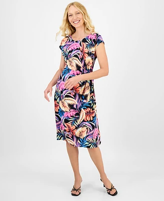Connected Women's Printed Extended-Shoulder Midi Dress