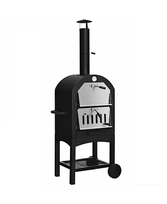 Rolling Outdoor Pizza Oven Wood Fire Pizza Maker With Pizza Peel Pizza Stone Waterproof Cover Wood Storage Shelf Ash Collection Drawer Thermometer Hea